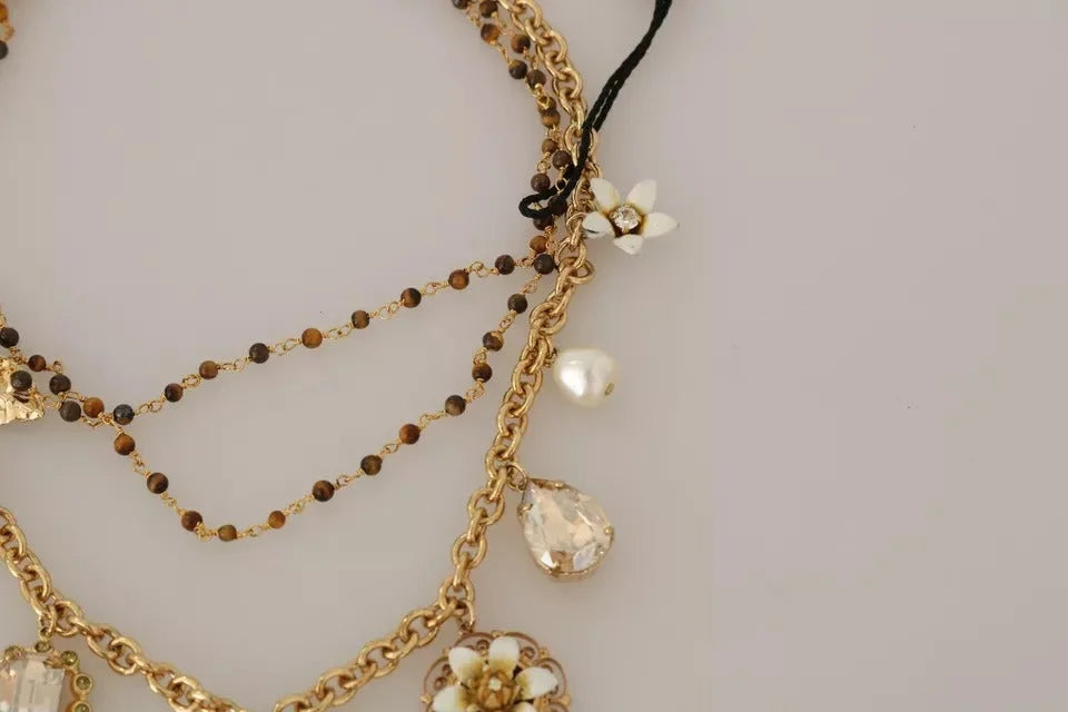 Dolce & Gabbana Gold Brass Crystal Floral Statement Charms Necklace - Necklaces