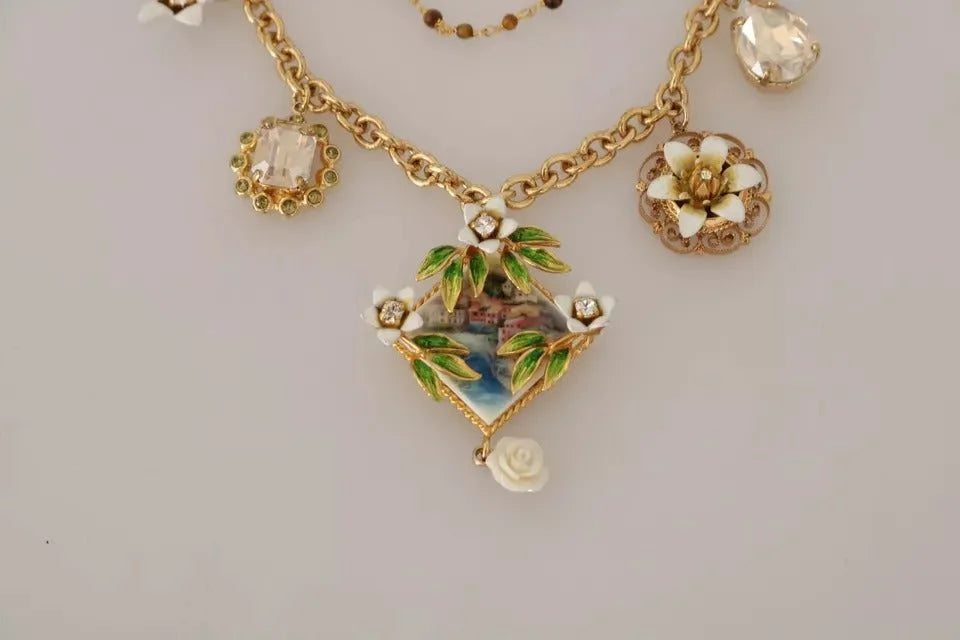 Dolce & Gabbana Gold Brass Crystal Floral Statement Charms Necklace - Necklaces
