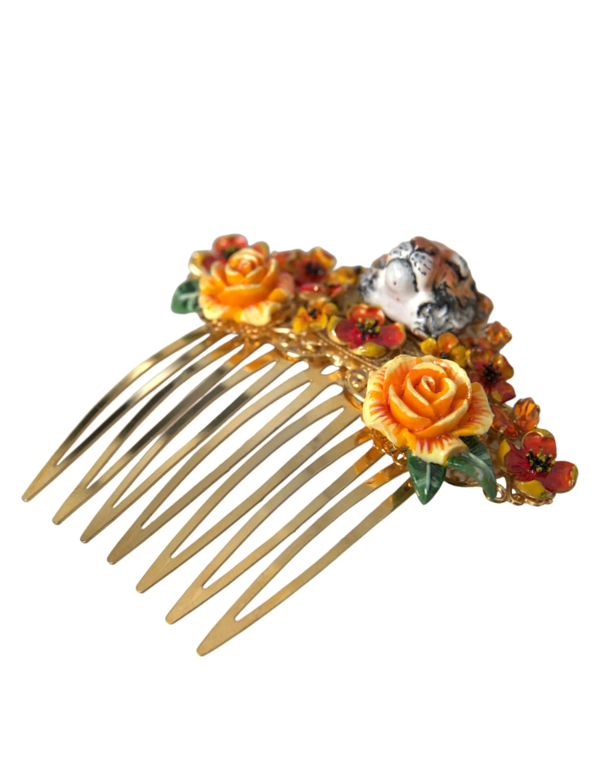 Dolce & Gabbana Gold Brass Crystal Leopard Floral Hair Comb - Hair Combs