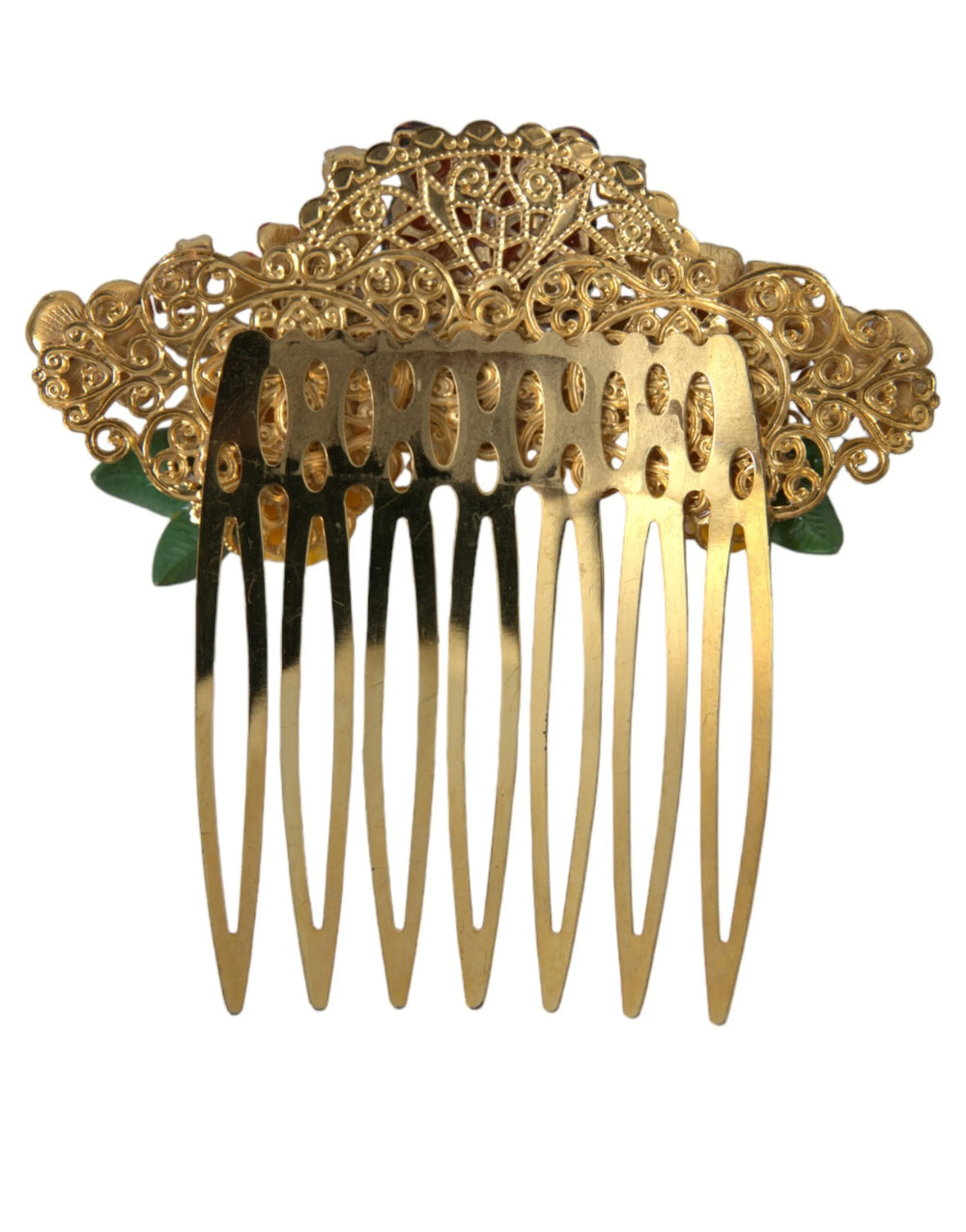 Dolce & Gabbana Gold Brass Crystal Leopard Floral Hair Comb - Hair Combs