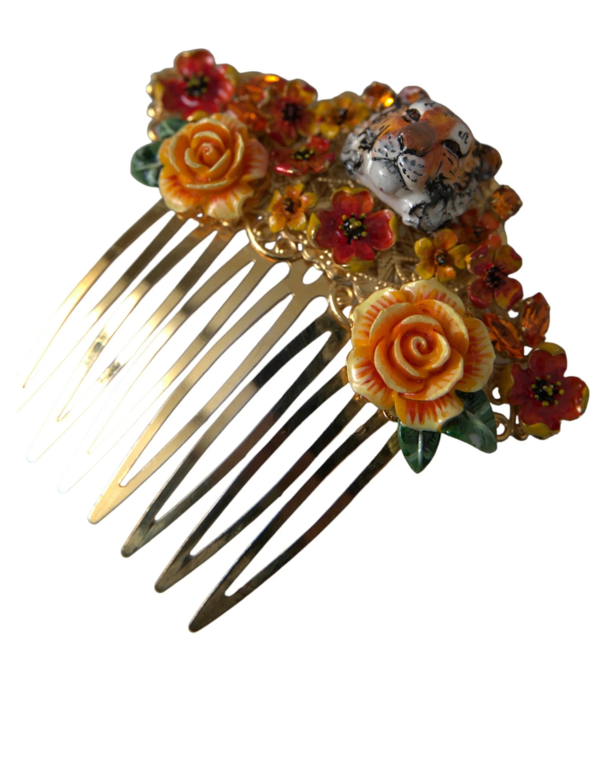 Dolce & Gabbana Gold Brass Crystal Leopard Floral Hair Comb - Hair Combs