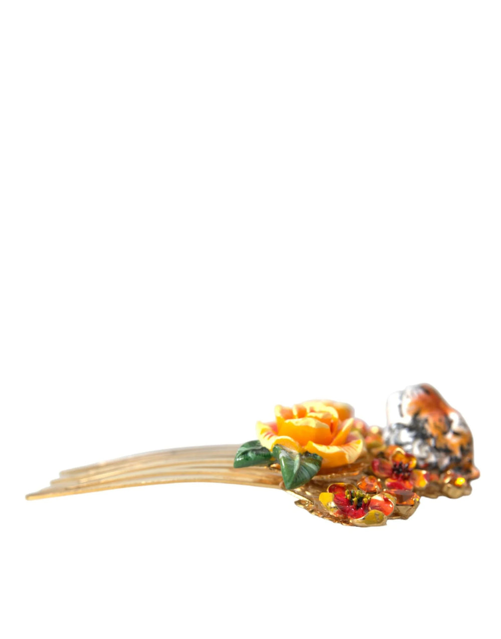 Dolce & Gabbana Gold Brass Crystal Leopard Floral Hair Comb - Hair Combs