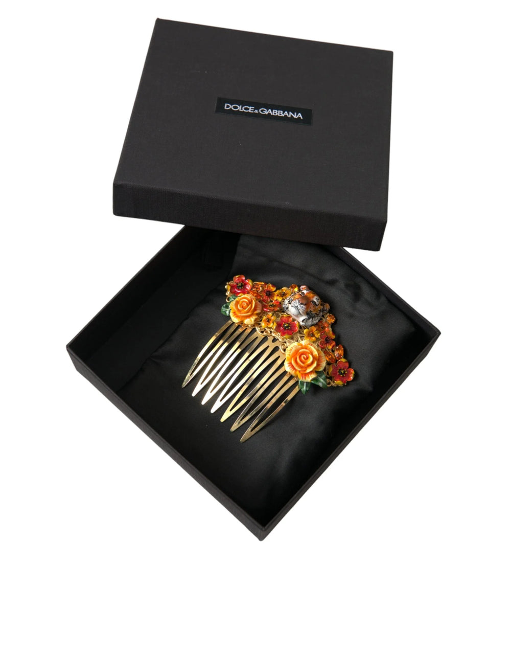 Dolce & Gabbana Gold Brass Crystal Leopard Floral Hair Comb - Hair Combs