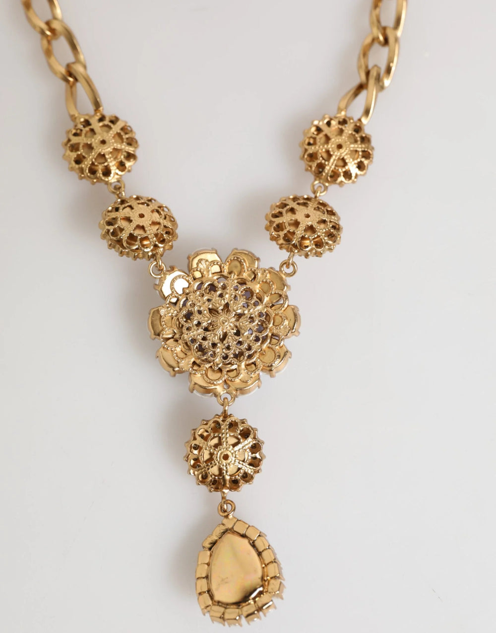 Dolce & Gabbana Gold Brass Crystal Pearl Purple Floral Pendant Jewelry Necklace - Necklaces