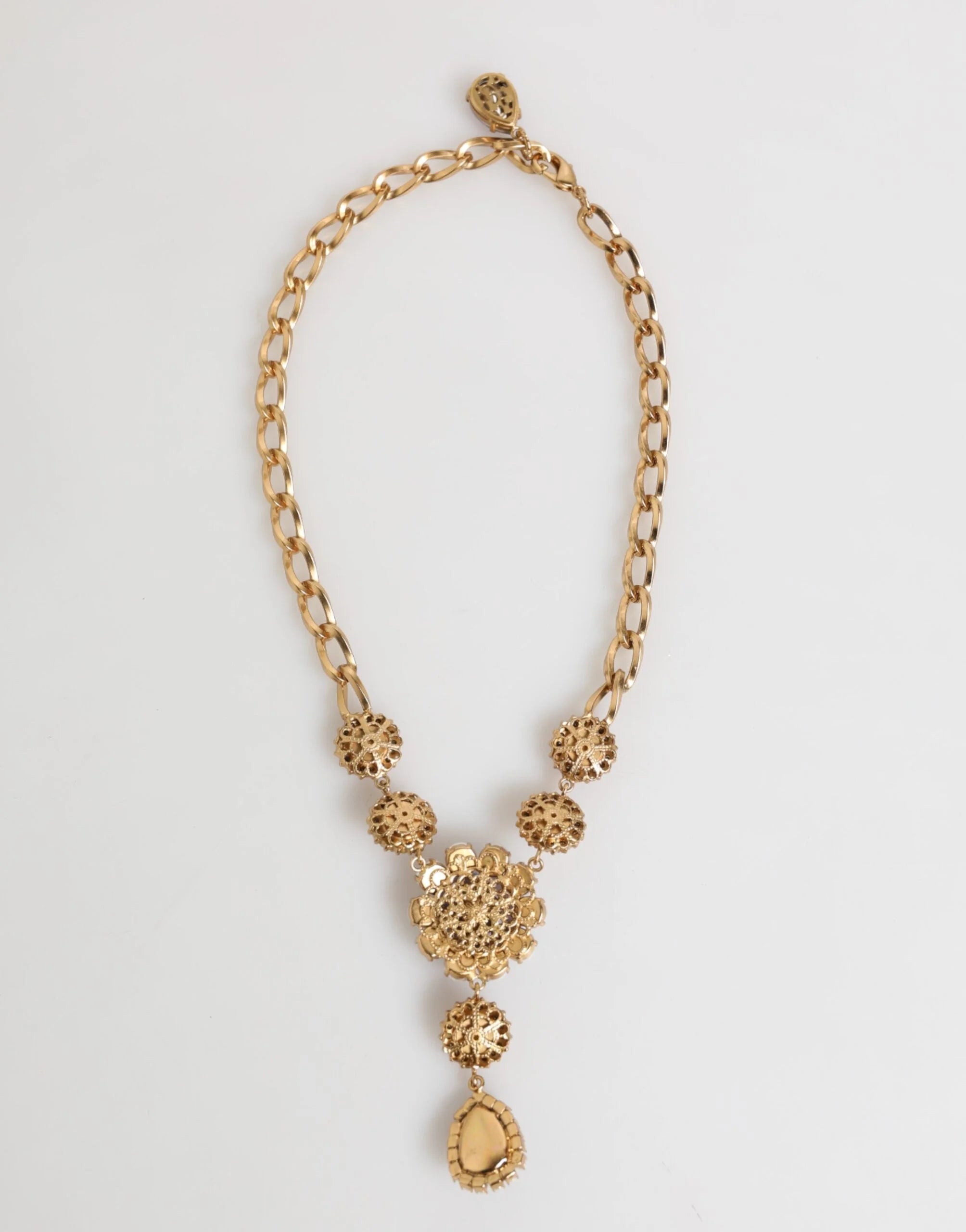 Dolce & Gabbana Gold Brass Crystal Pearl Purple Floral Pendant Jewelry Necklace - Necklaces
