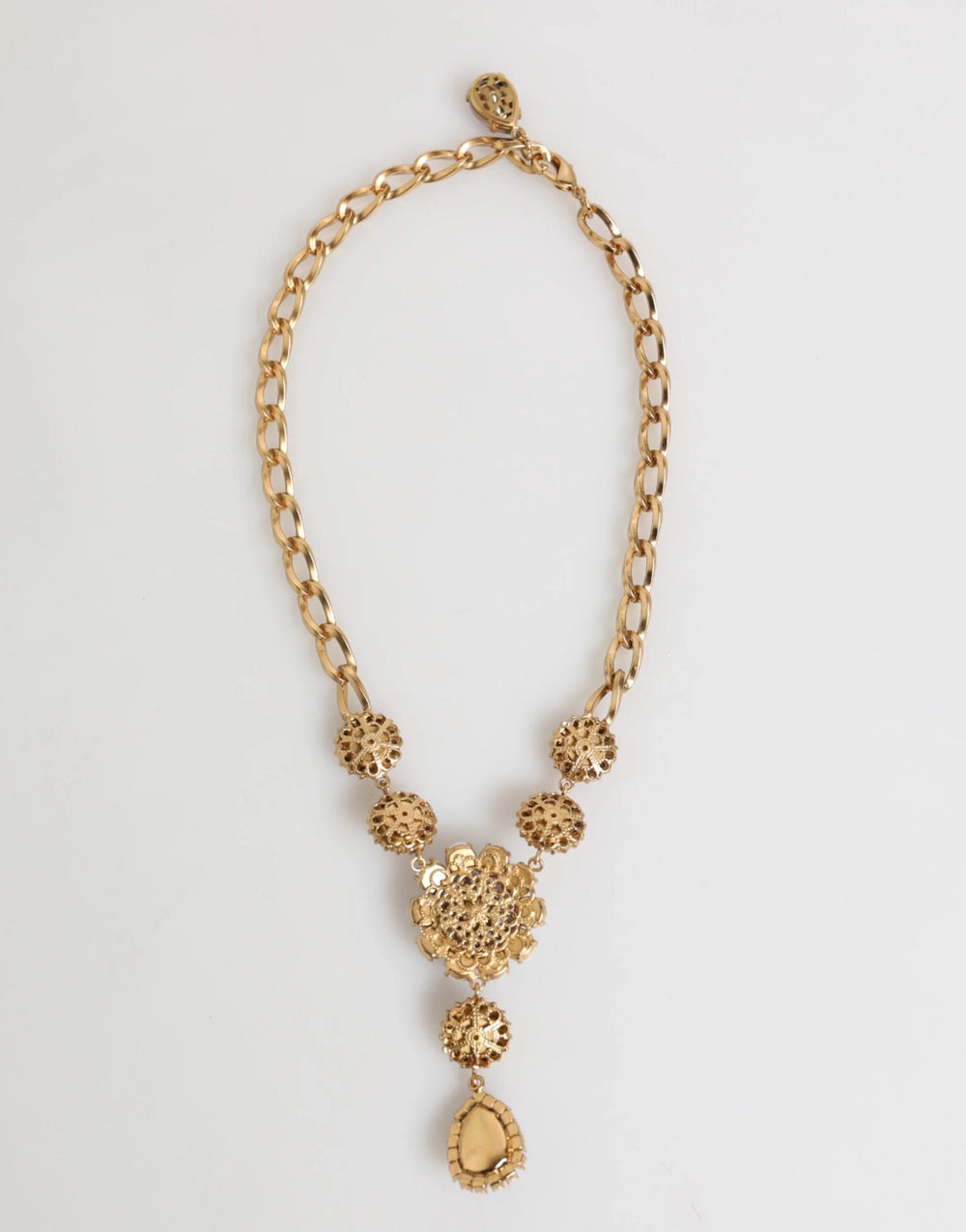 Dolce & Gabbana Gold Brass Crystal Pearl Purple Floral Pendant Jewelry Necklace - Necklaces