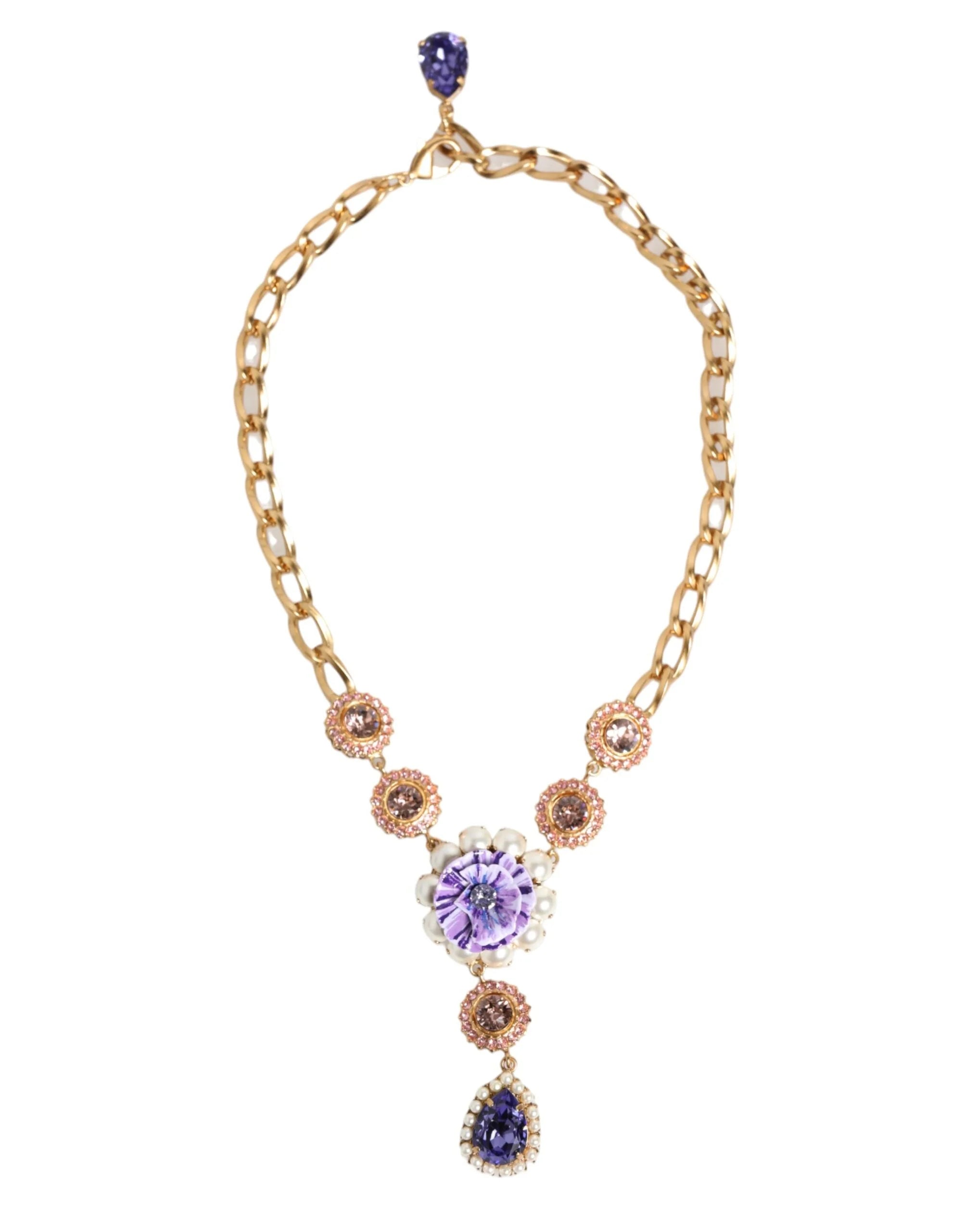 Dolce & Gabbana Gold Brass Crystal Pearl Purple Floral Pendant Jewelry Necklace - Necklaces