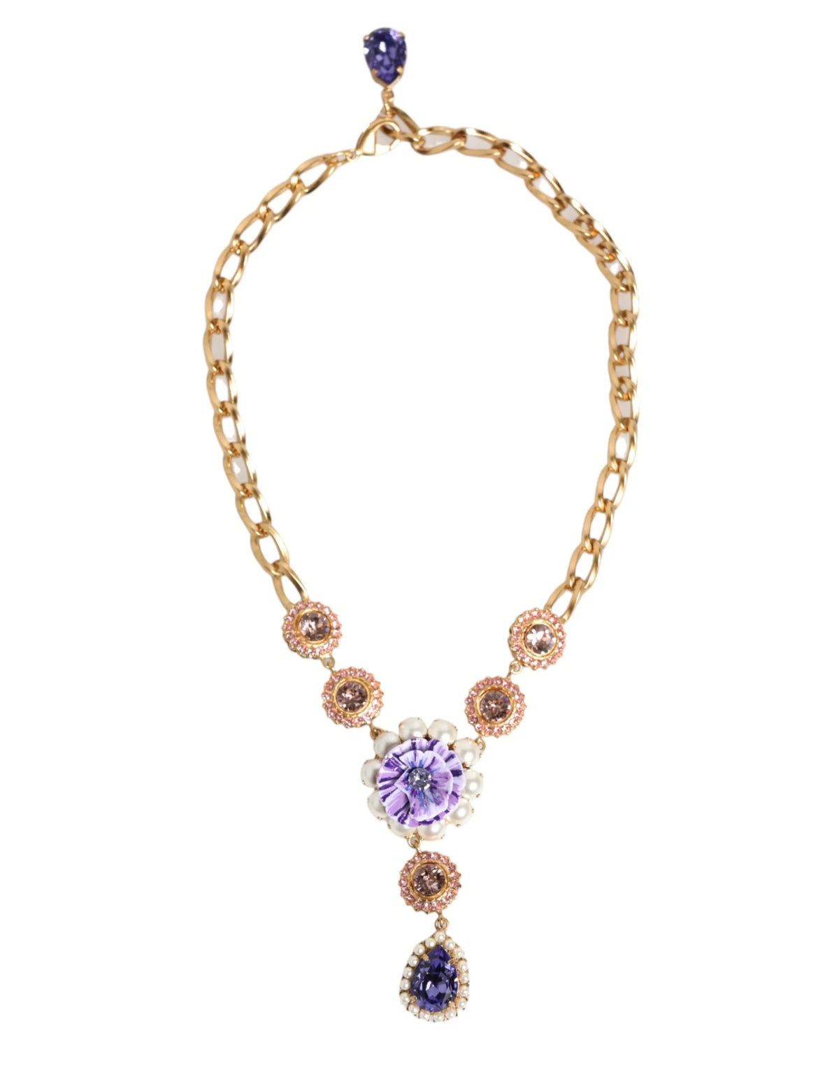 Dolce & Gabbana Gold Brass Crystal Pearl Purple Floral Pendant Jewelry Necklace - Necklaces