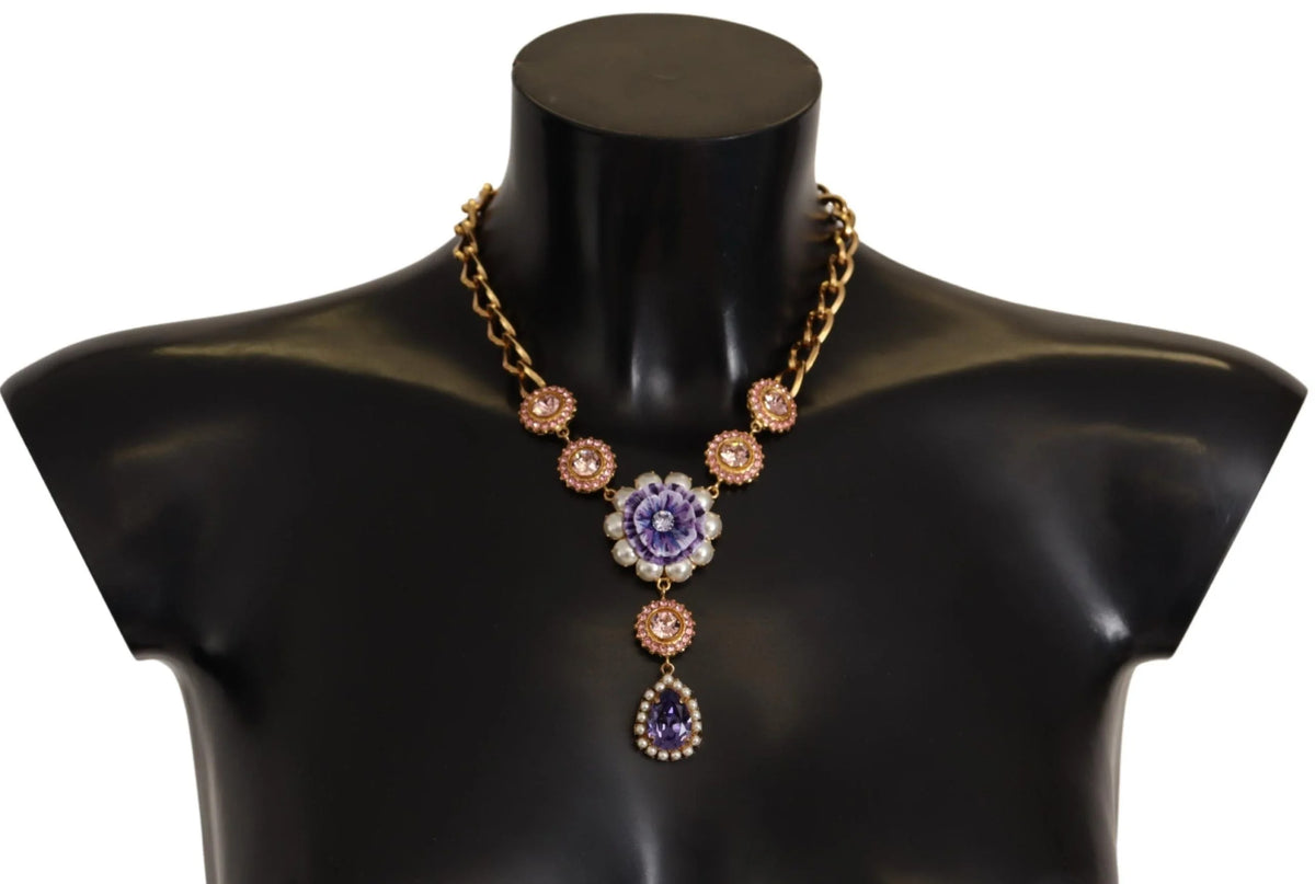 Dolce & Gabbana Gold Brass Crystal Purple Pink Pearl Pendants Necklace - Necklaces