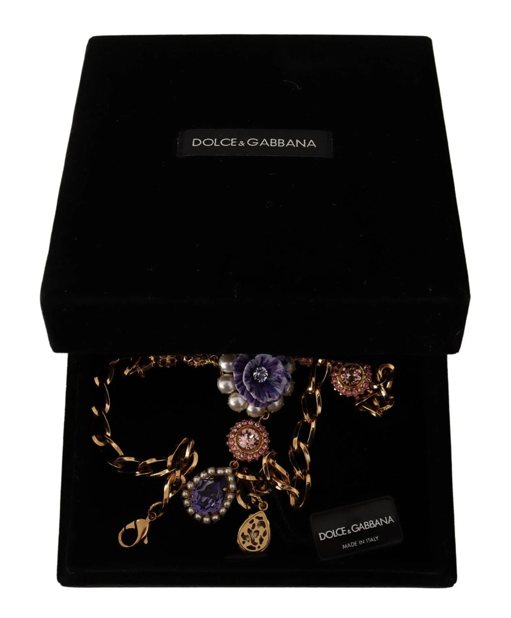 Dolce & Gabbana Gold Brass Crystal Purple Pink Pearl Pendants Necklace - Necklaces