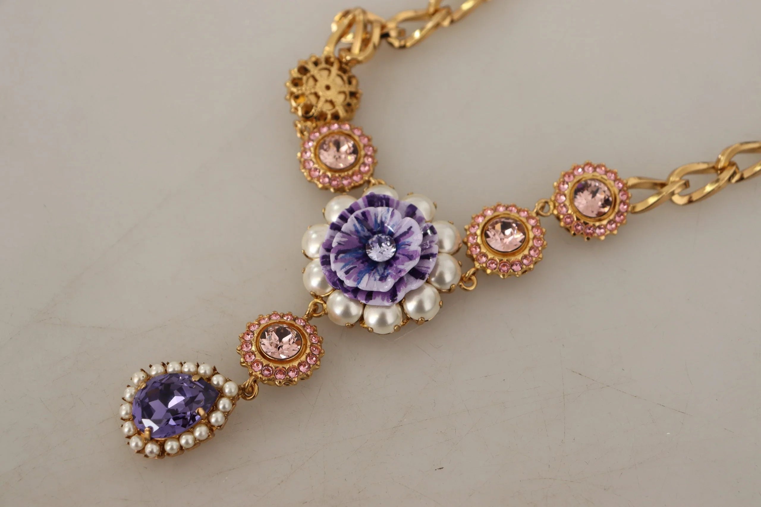 Dolce & Gabbana Gold Brass Crystal Purple Pink Pearl Pendants Necklace - Necklaces