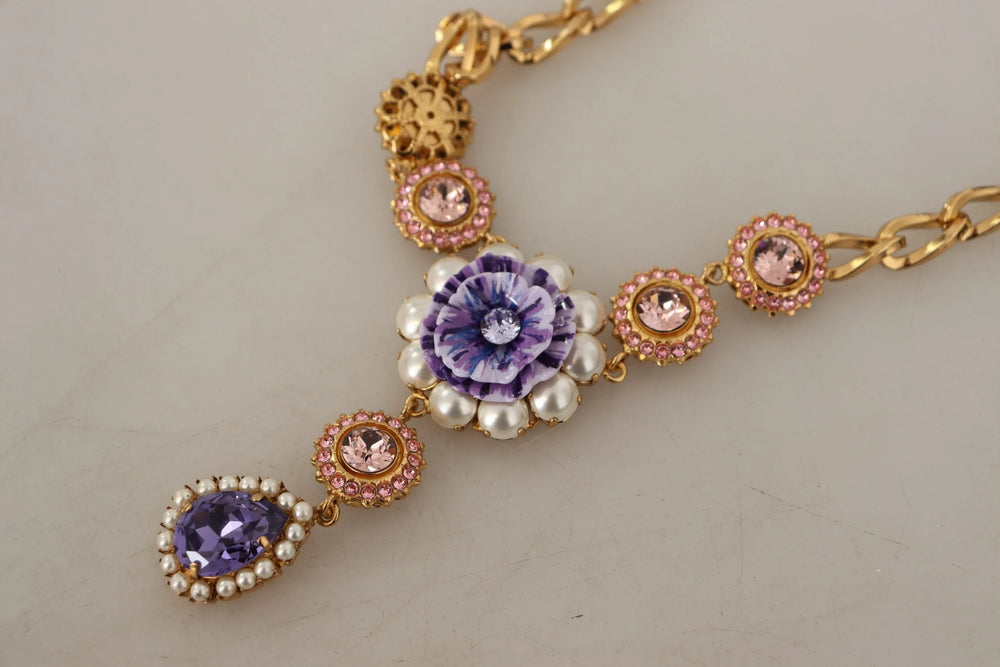 Dolce & Gabbana Gold Brass Crystal Purple Pink Pearl Pendants Necklace - Necklaces