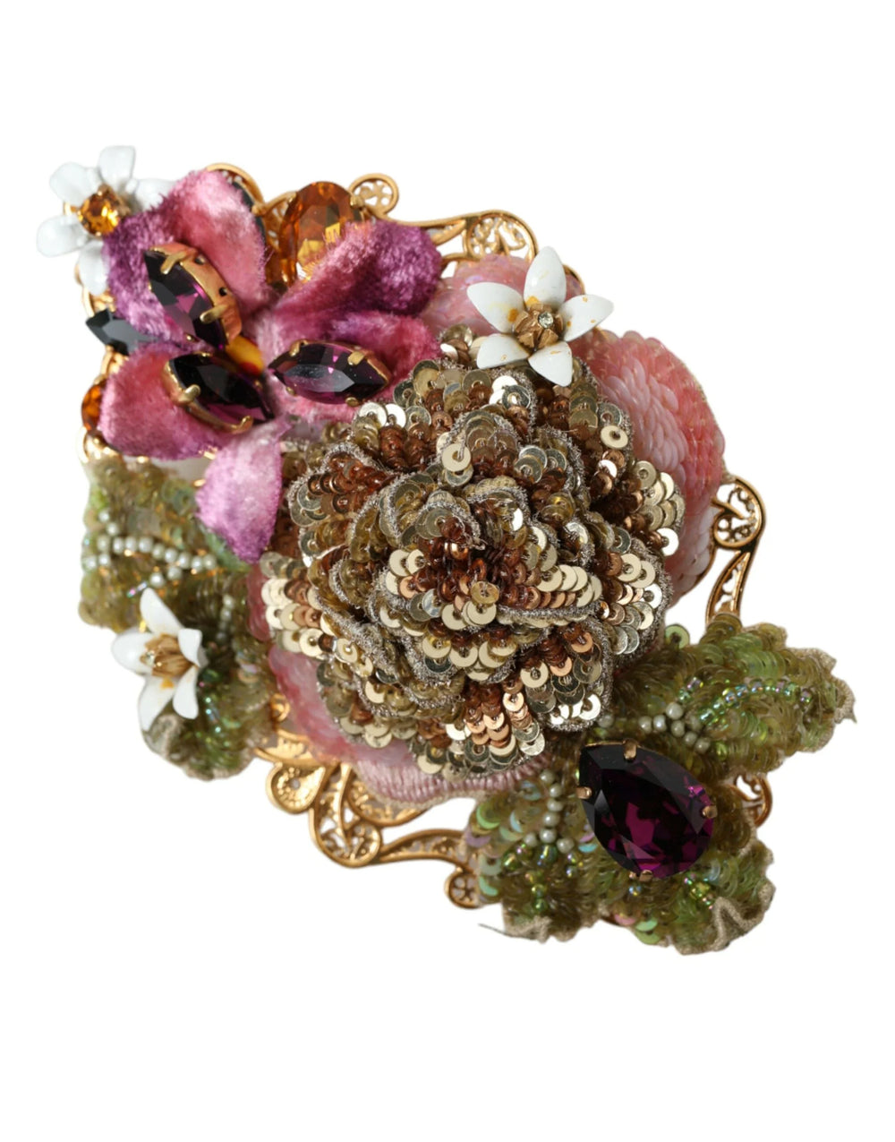 Dolce & Gabbana Gold Brass Floral Crystal Sequined Hair Clip - Hair Pins Claws & Clips