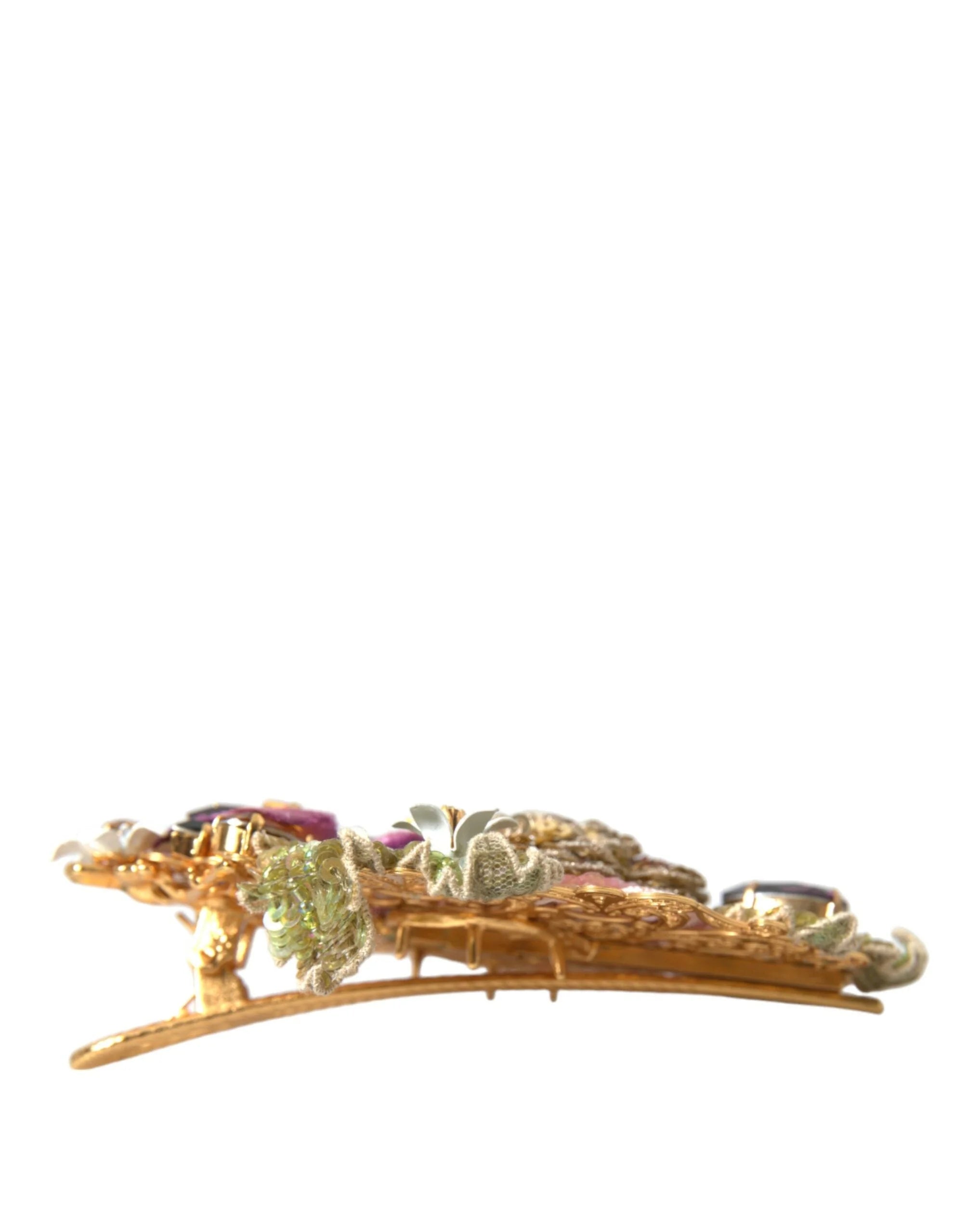 Dolce & Gabbana Gold Brass Floral Crystal Sequined Hair Clip - Hair Pins Claws & Clips