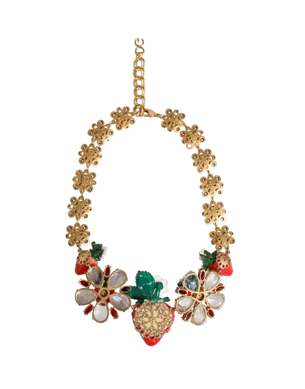 Dolce & Gabbana Gold Brass FRUIT Pendants Flowers Crystal Logo Necklace