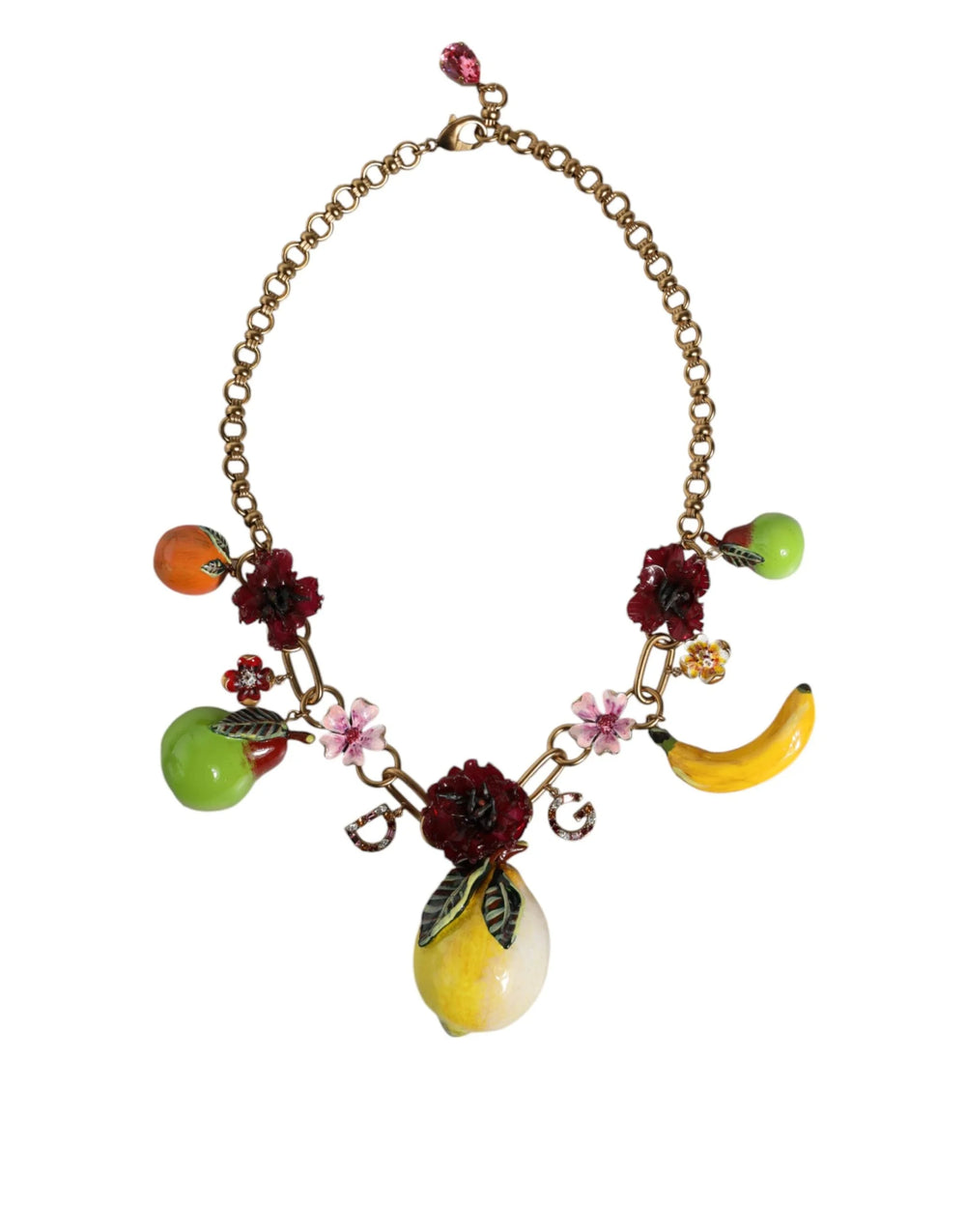 Dolce & Gabbana Gold Brass FRUIT Pendants Flowers Crystal Logo Necklace - Necklaces