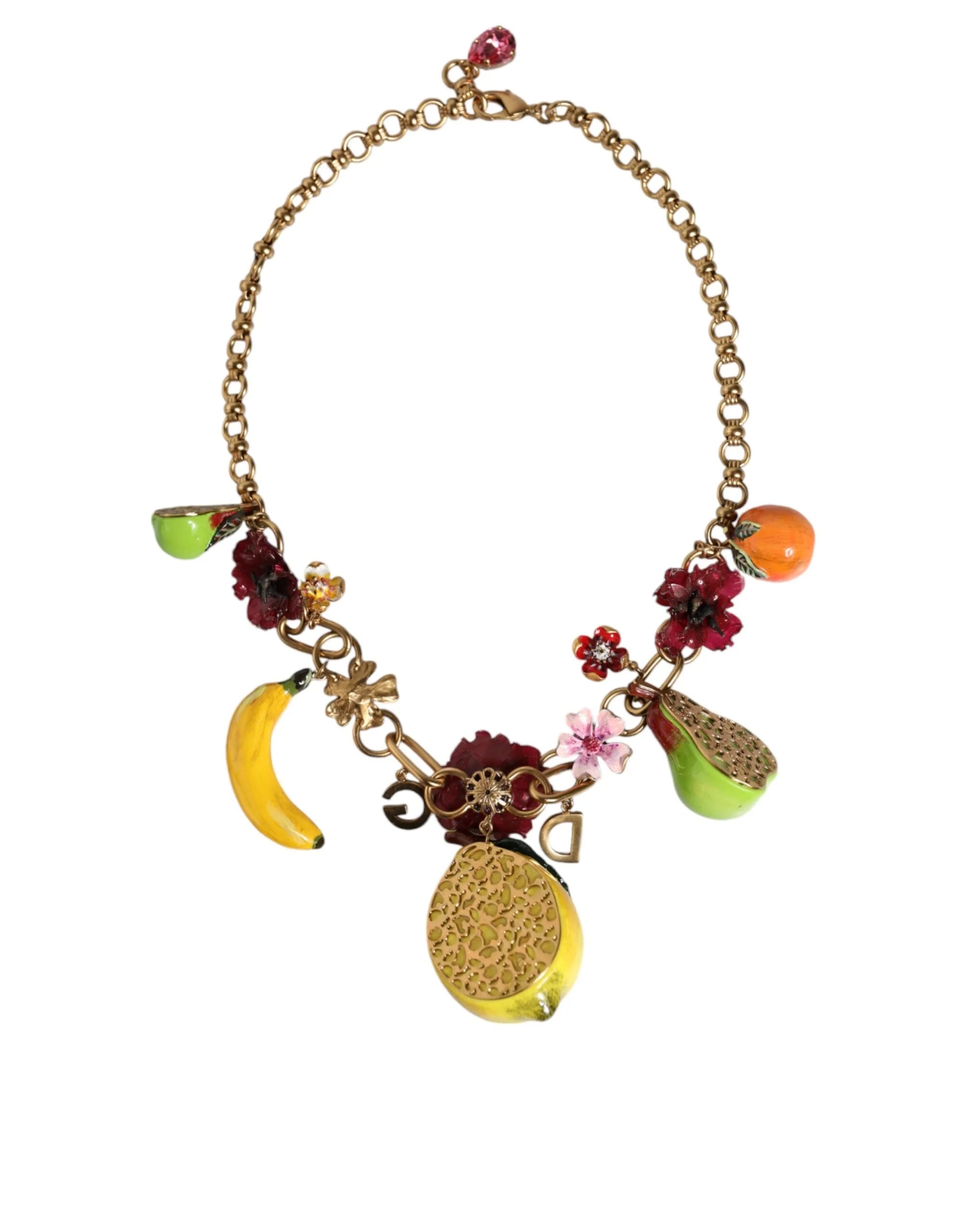 Dolce & Gabbana Gold Brass FRUIT Pendants Flowers Crystal Logo Necklace - Necklaces