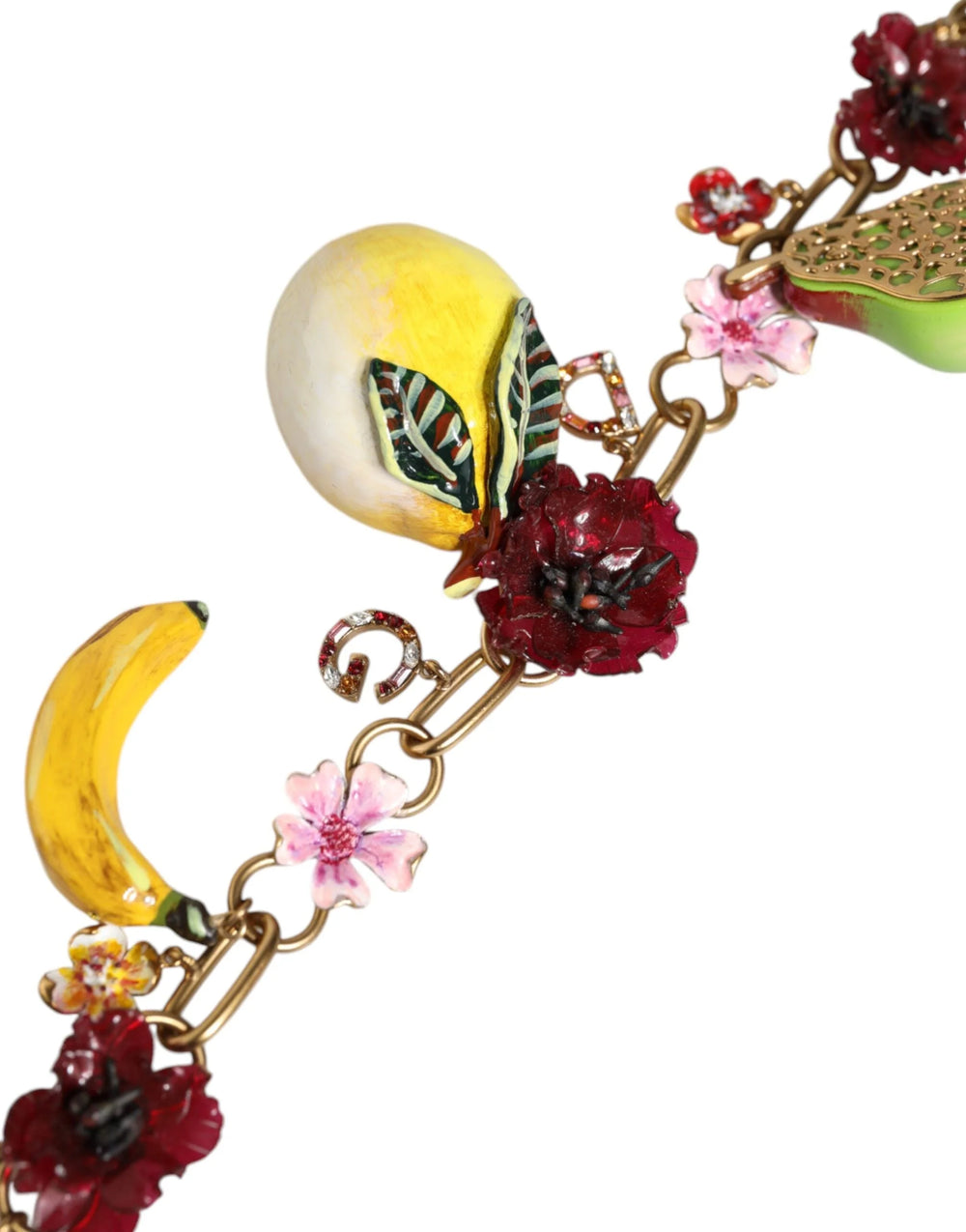Dolce & Gabbana Gold Brass FRUIT Pendants Flowers Crystal Logo Necklace - Necklaces