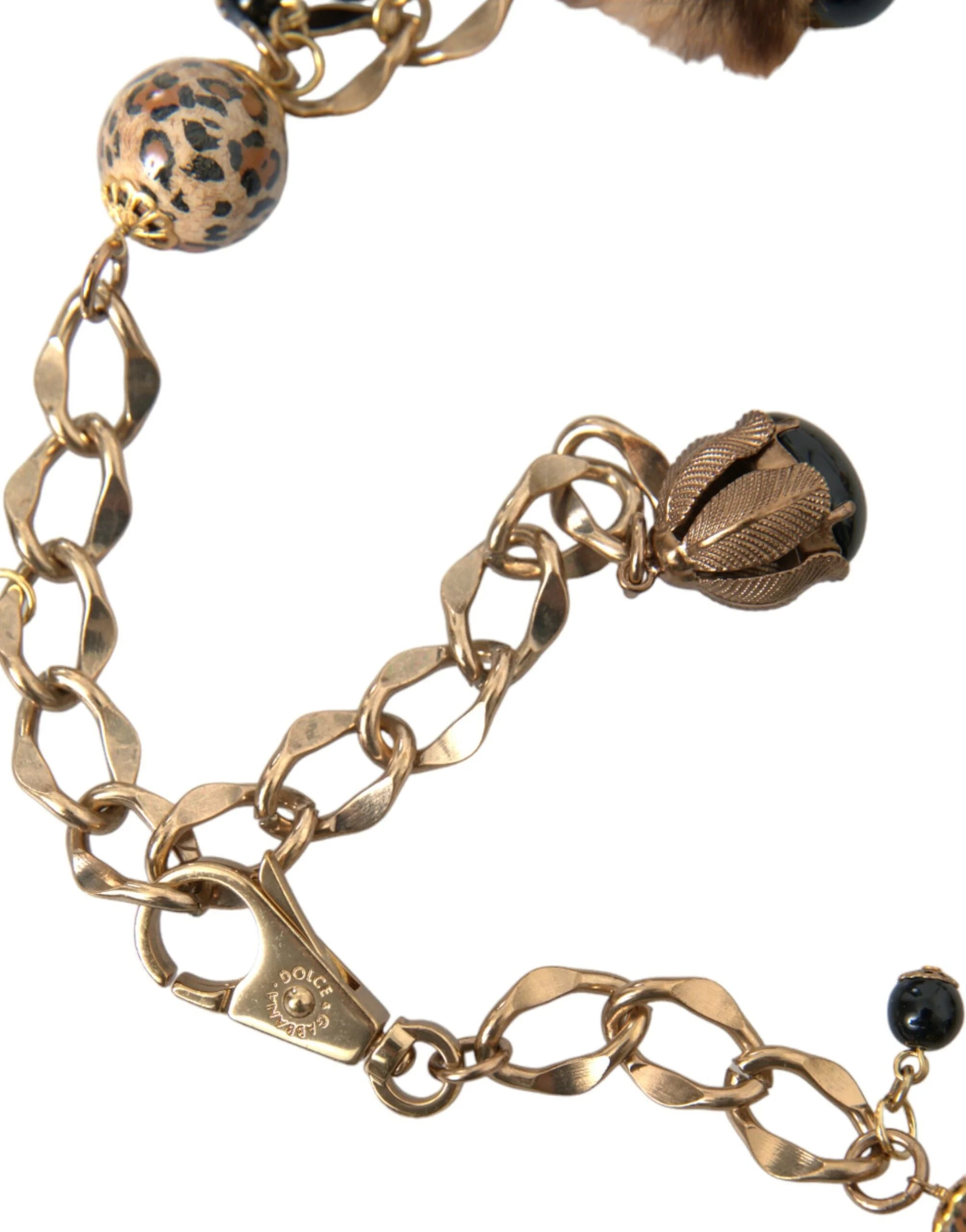Dolce & Gabbana Gold Brass Leopard Fur Pearl Collier Chain Belt - 100 cm / 40 Inches - Belts