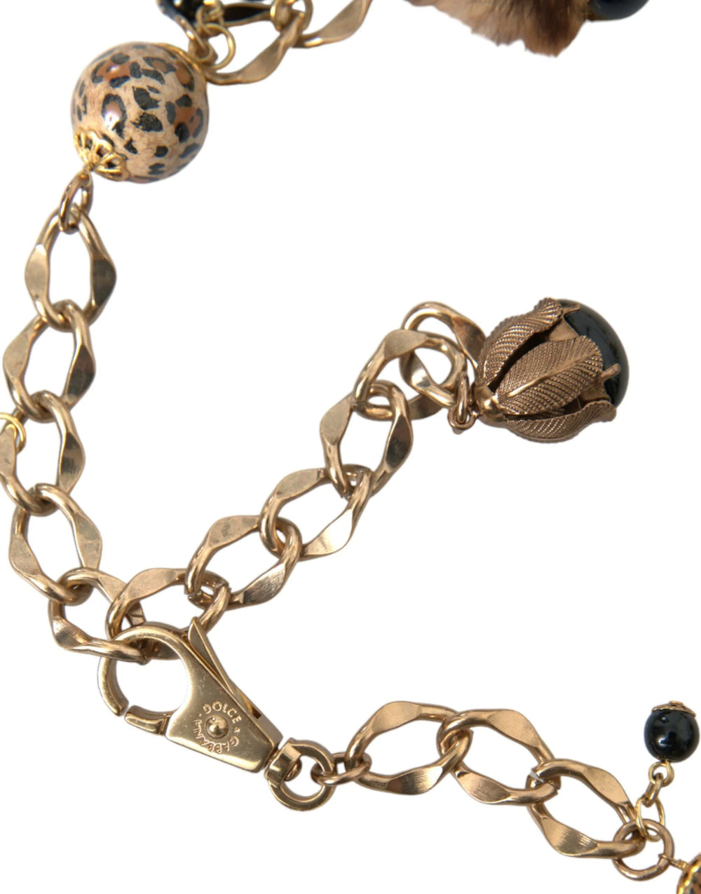 Dolce & Gabbana Gold Brass Leopard Fur Pearl Collier Chain Belt - 100 cm / 40 Inches - Belts