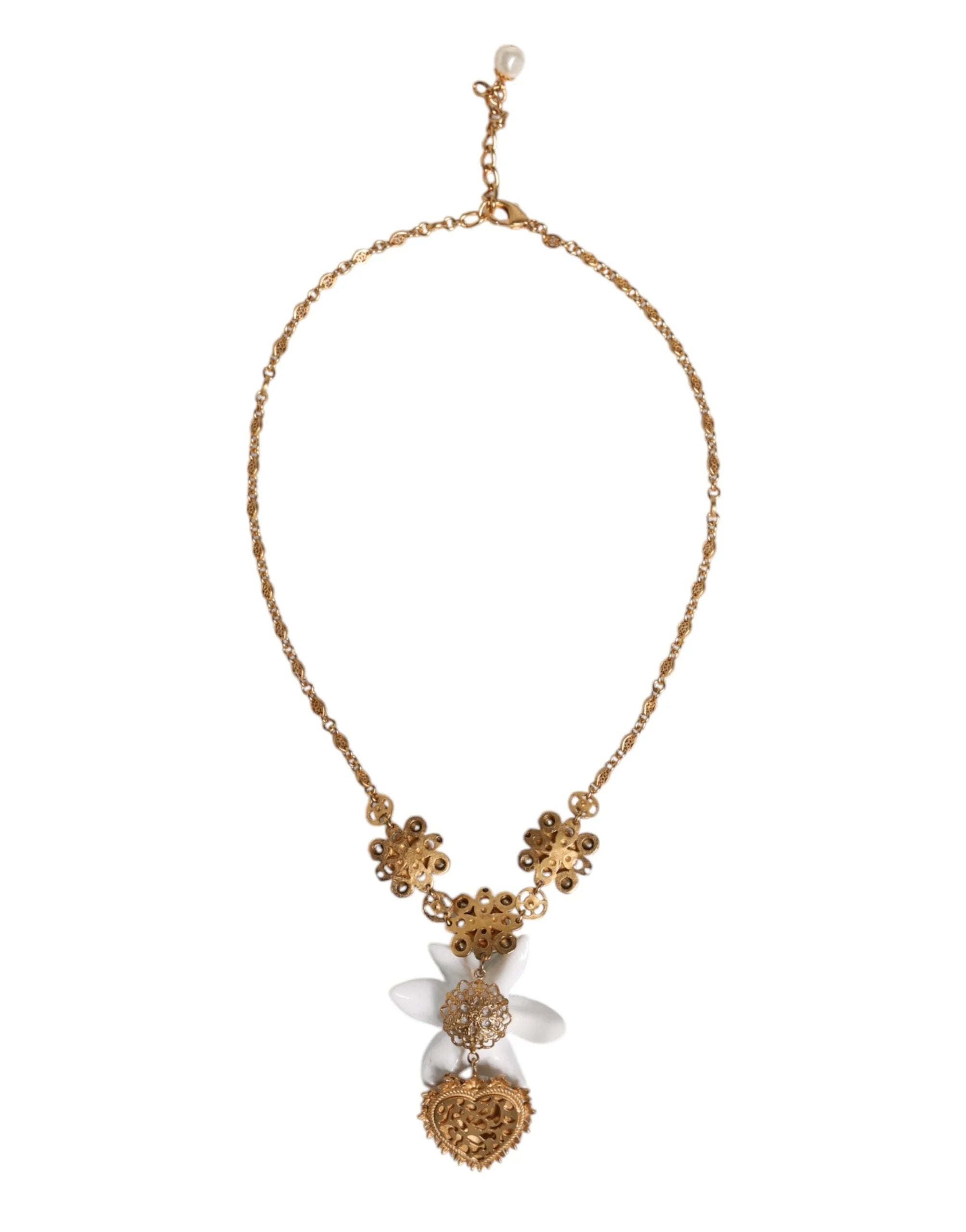 Dolce & Gabbana Gold Brass Lily Crystal Sacred Heart Pendant Necklace - Necklaces