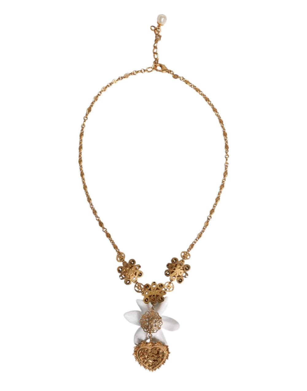 Dolce & Gabbana Gold Brass Lily Crystal Sacred Heart Pendant Necklace - Necklaces