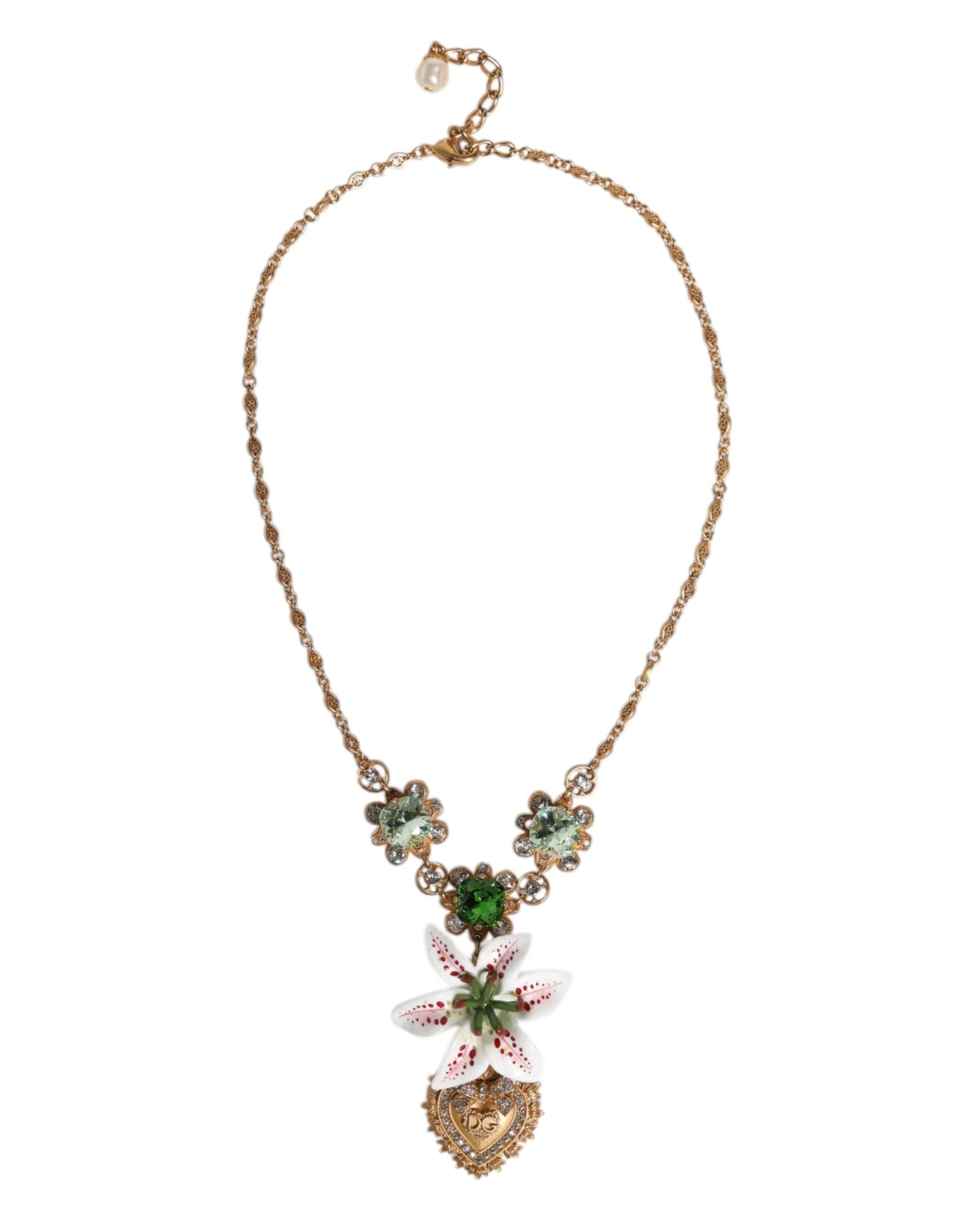 Dolce & Gabbana Gold Brass Lily Crystal Sacred Heart Pendant Necklace - Necklaces