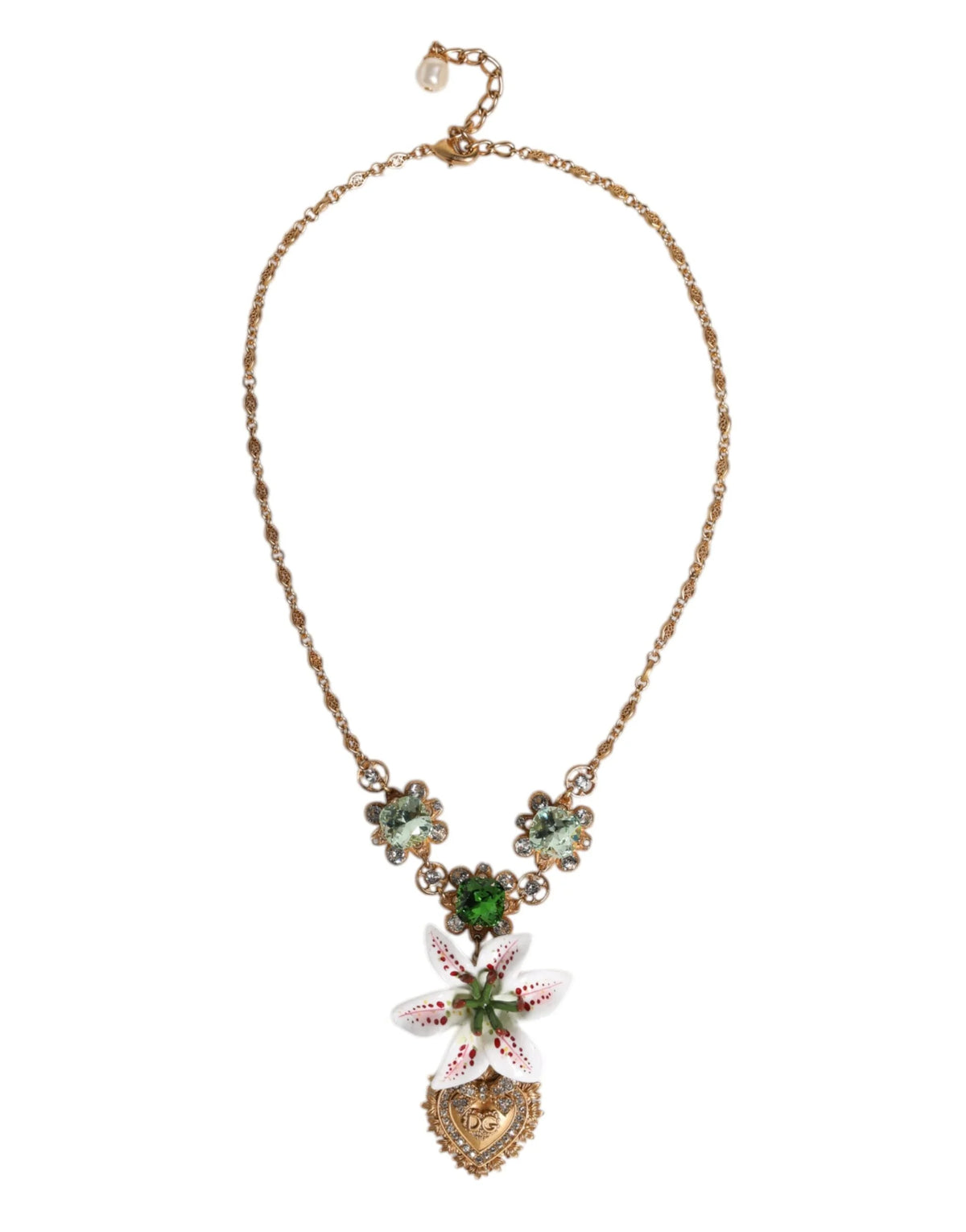Dolce & Gabbana Gold Brass Lily Crystal Sacred Heart Pendant Necklace - Necklaces