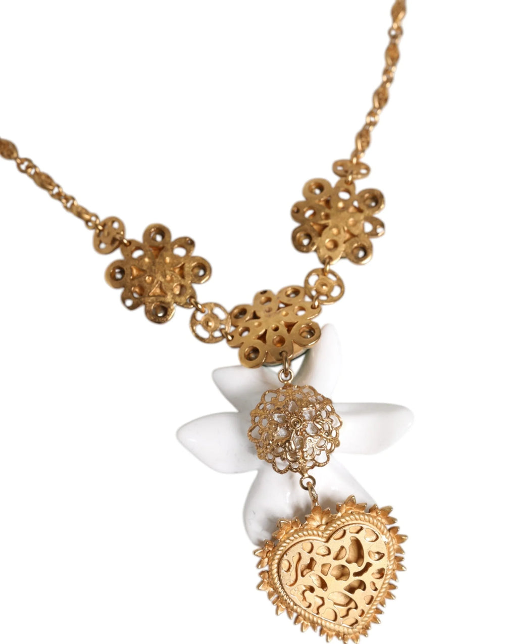 Dolce & Gabbana Gold Brass Lily Crystal Sacred Heart Pendant Necklace - Necklaces