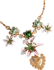 Dolce & Gabbana Gold Brass Lily Crystal Sacred Heart Pendant Necklace - Necklaces