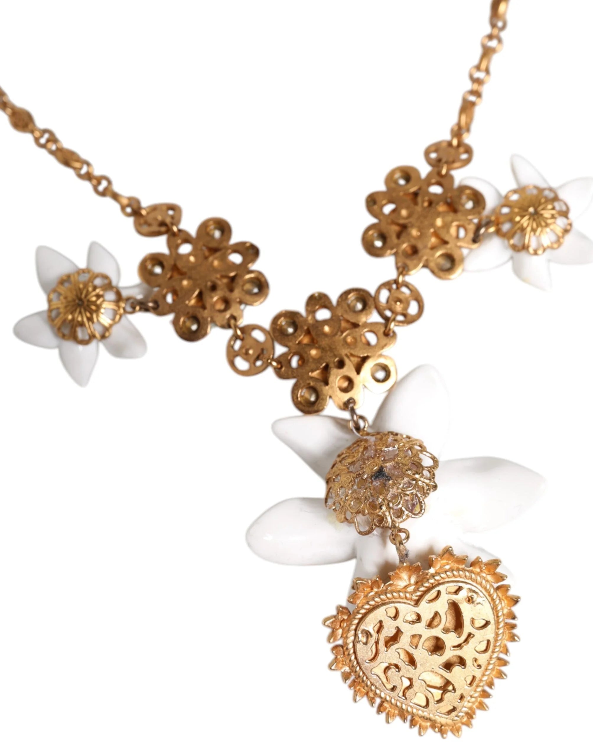 Dolce & Gabbana Gold Brass Lily Crystal Sacred Heart Pendant Necklace - Necklaces