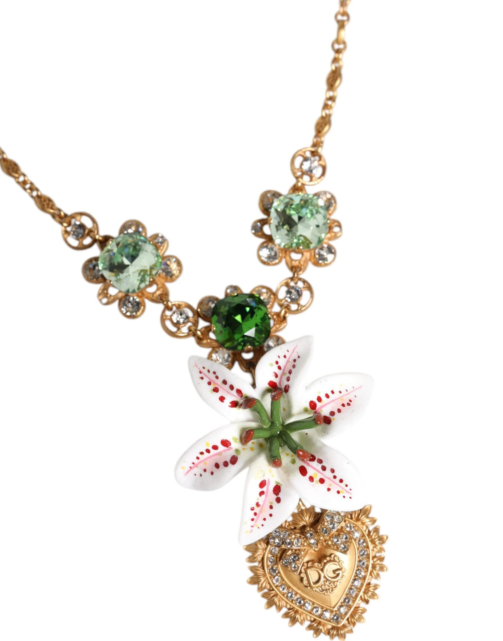 Dolce & Gabbana Gold Brass Lily Crystal Sacred Heart Pendant Necklace - Necklaces
