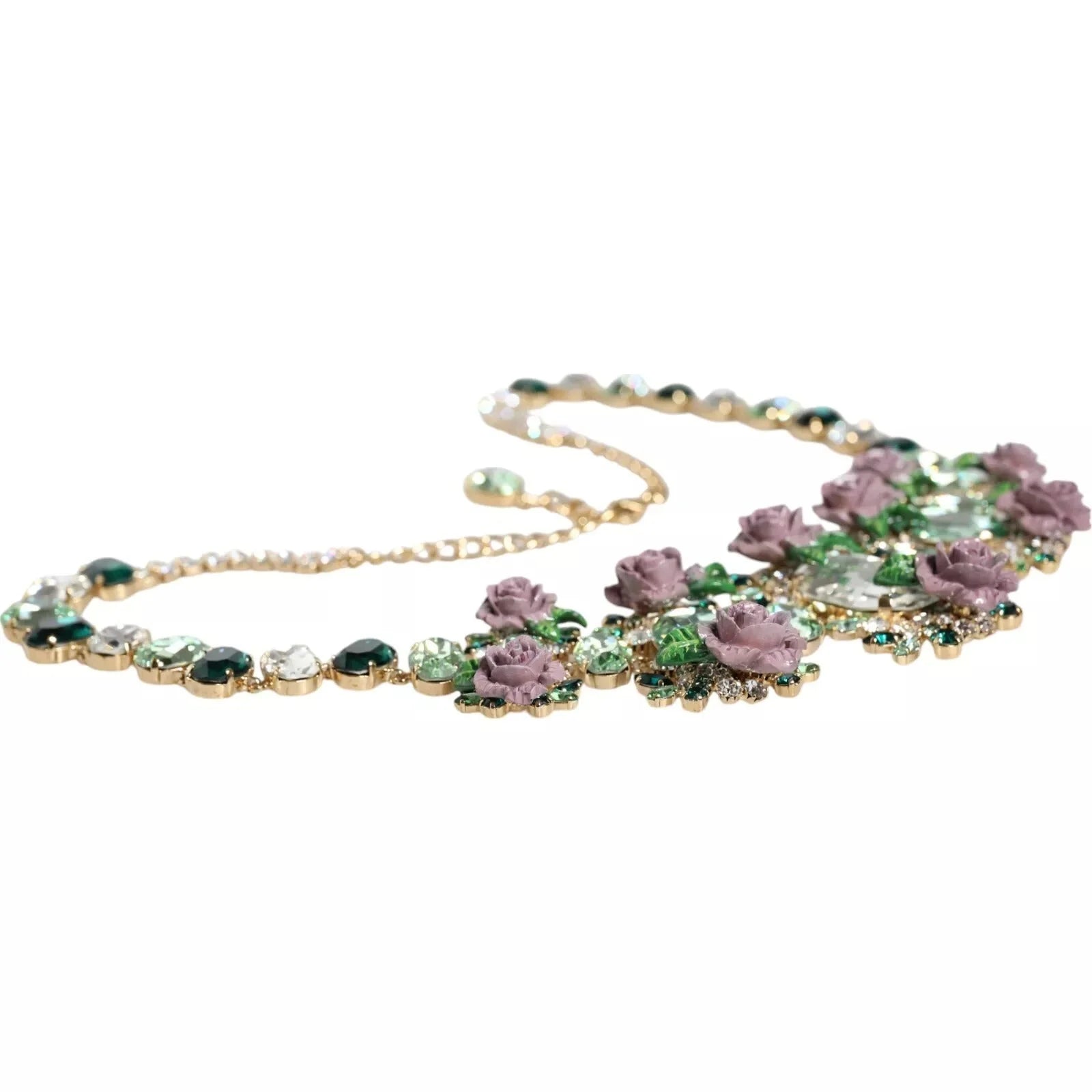 Dolce & Gabbana Gold Brass Link Chain Rose Petal Crystal Necklace - Necklaces