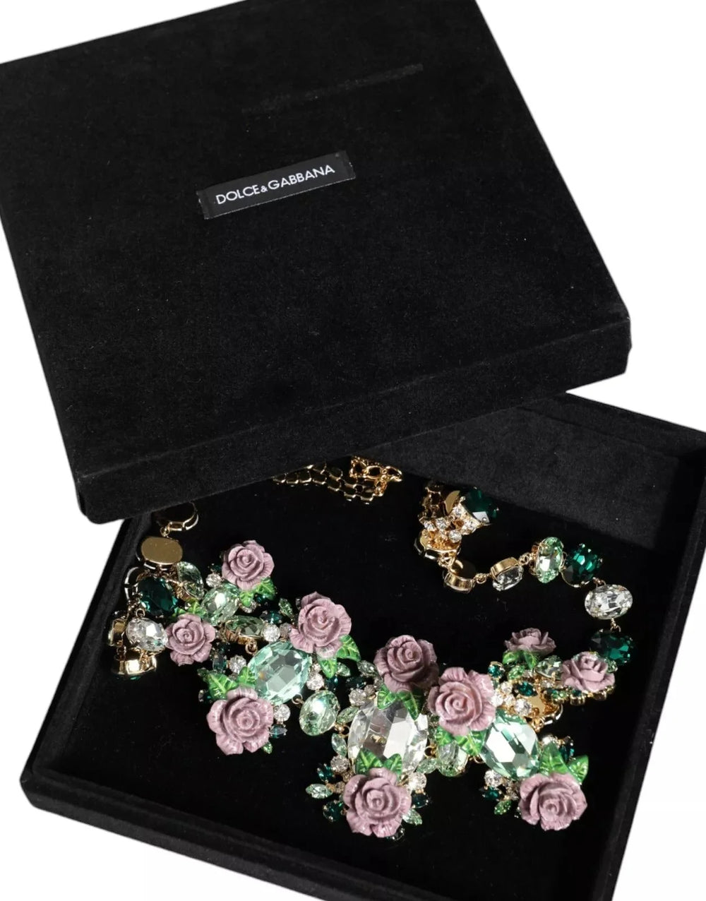 Dolce & Gabbana Gold Brass Link Chain Rose Petal Crystal Necklace - Necklaces