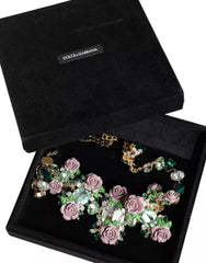 Dolce & Gabbana Gold Brass Link Chain Rose Petal Crystal Necklace - Necklaces
