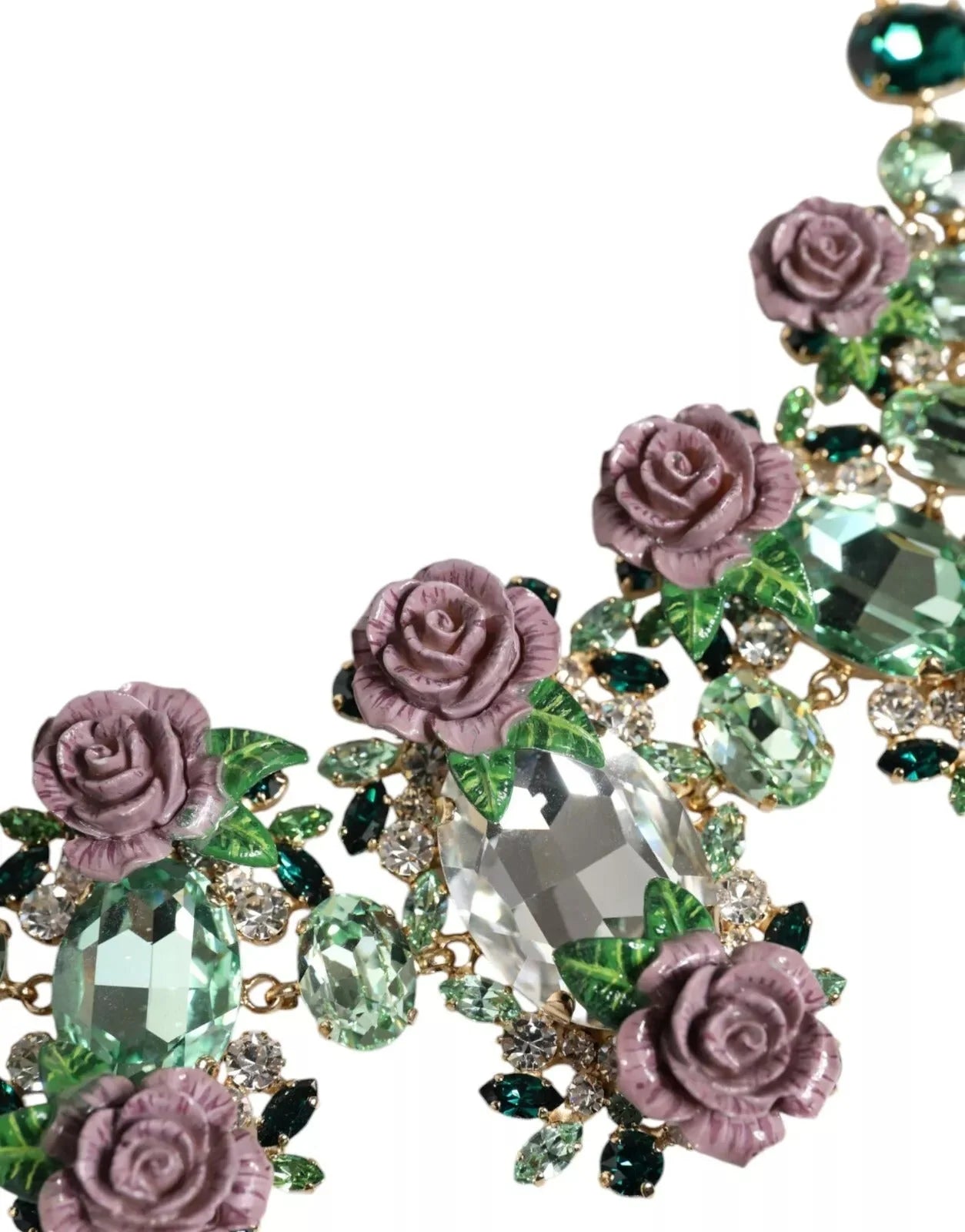 Dolce & Gabbana Gold Brass Link Chain Rose Petal Crystal Necklace - Necklaces