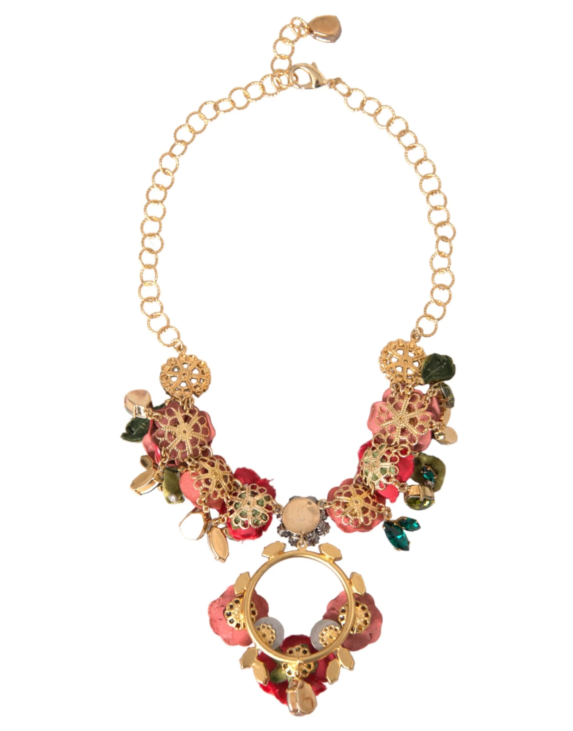 Dolce & Gabbana Gold Brass Link Chain RosePetal Crystal Pendant Necklace - Necklaces