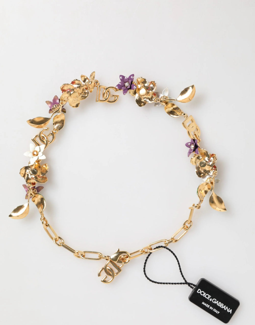 Dolce & Gabbana Gold Brass Logo Detail Floral Fashion Jewelry Necklace - Necklaces