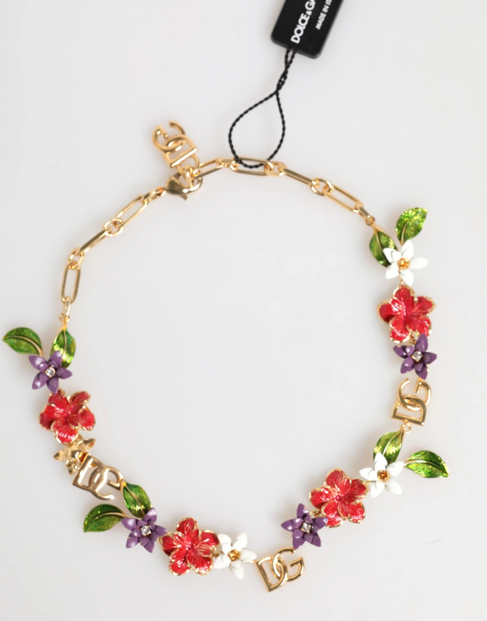 Dolce & Gabbana Gold Brass Logo Detail Floral Fashion Jewelry Necklace - Necklaces