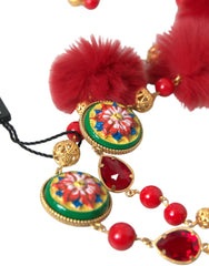 Dolce & Gabbana Gold Brass Red Fur Crystal Carretto Chain Necklace - Necklaces