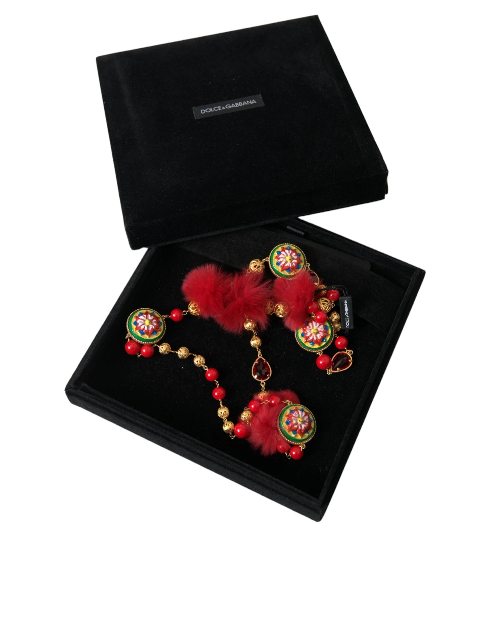 Dolce & Gabbana Gold Brass Red Fur Crystal Carretto Chain Necklace - Necklaces