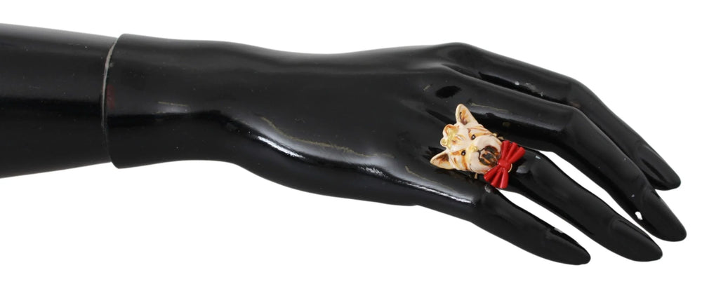Dolce & Gabbana Gold Brass Resin Beige Dog Pet Branded Accessory Ring - Rings