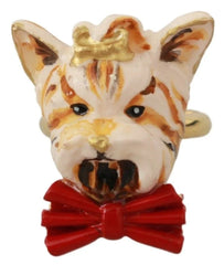 Dolce & Gabbana Gold Brass Resin Beige Dog Pet Branded Accessory Ring - Rings