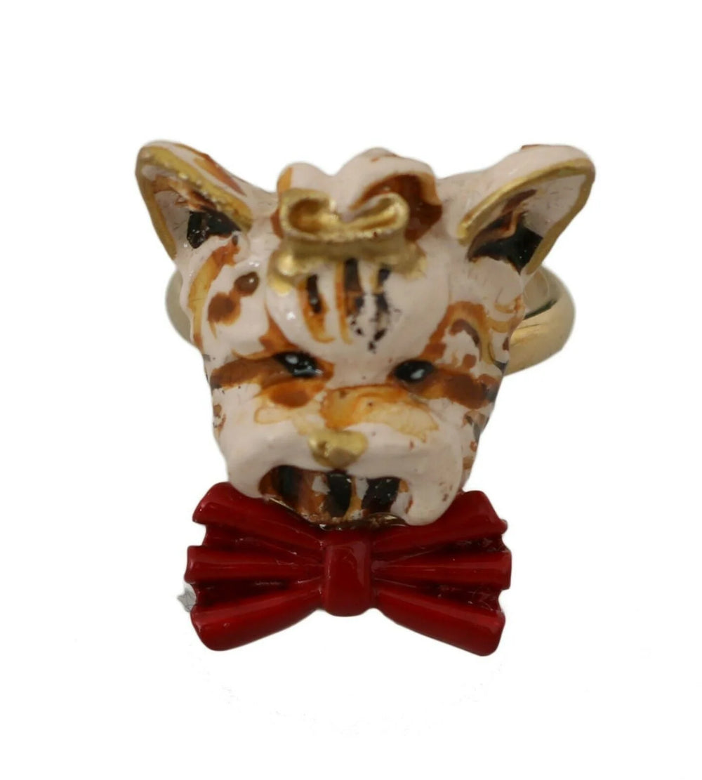 Dolce & Gabbana Gold Brass Resin Beige Dog Pet Branded Accessory Ring - EU50 | US5 - Rings