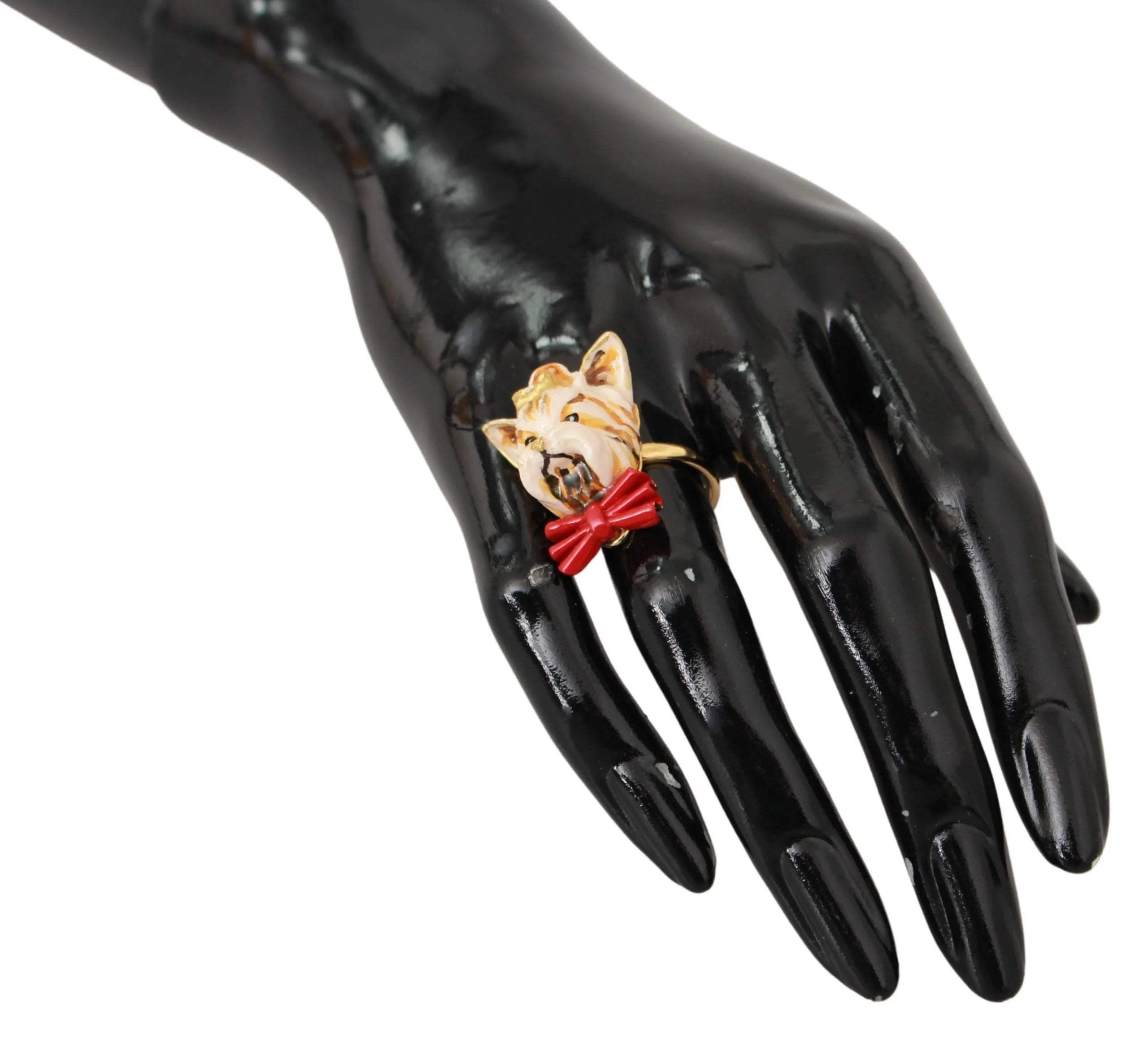 Dolce & Gabbana Gold Brass Resin Beige Dog Pet Branded Accessory Ring - Rings