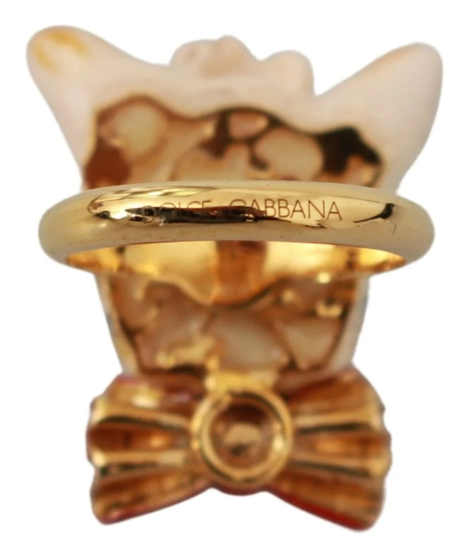 Dolce & Gabbana Gold Brass Resin Beige Dog Pet Branded Accessory Ring - Rings
