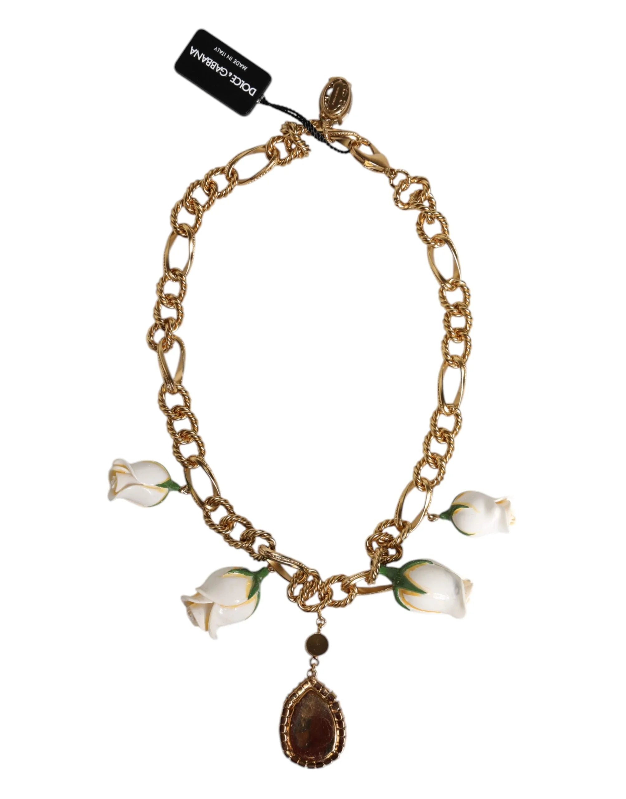 Dolce & Gabbana Gold Brass Short Chain Flower Crystal Pendant Necklace - Necklaces