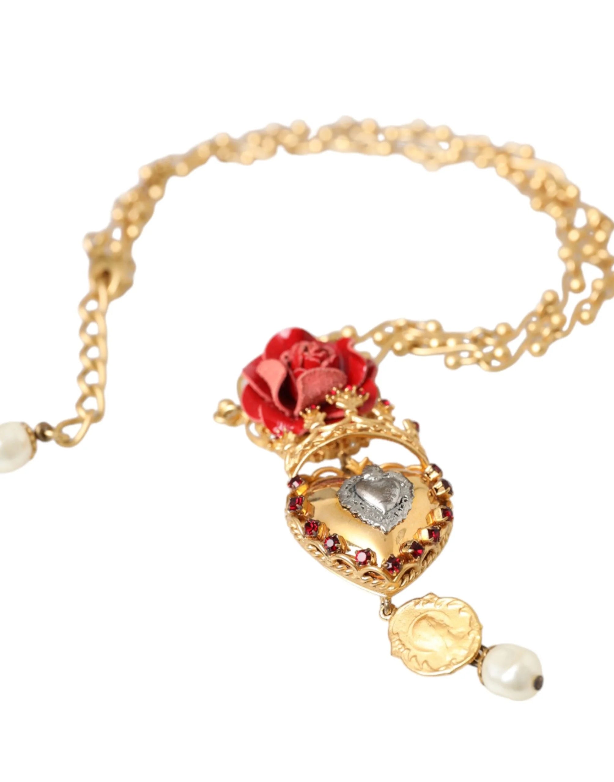 Dolce & Gabbana Gold BrassChain Sacred Heart Rose Crystal Charm Necklace - Necklaces
