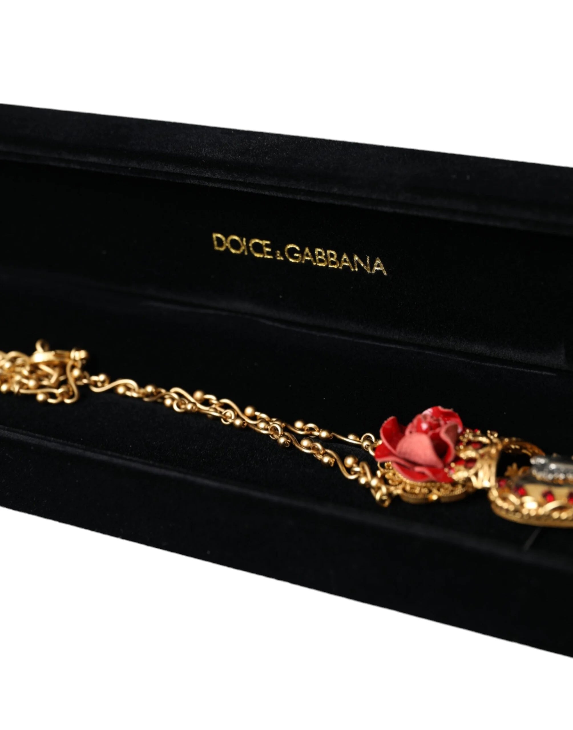 Dolce & Gabbana Gold BrassChain Sacred Heart Rose Crystal Charm Necklace - Necklaces