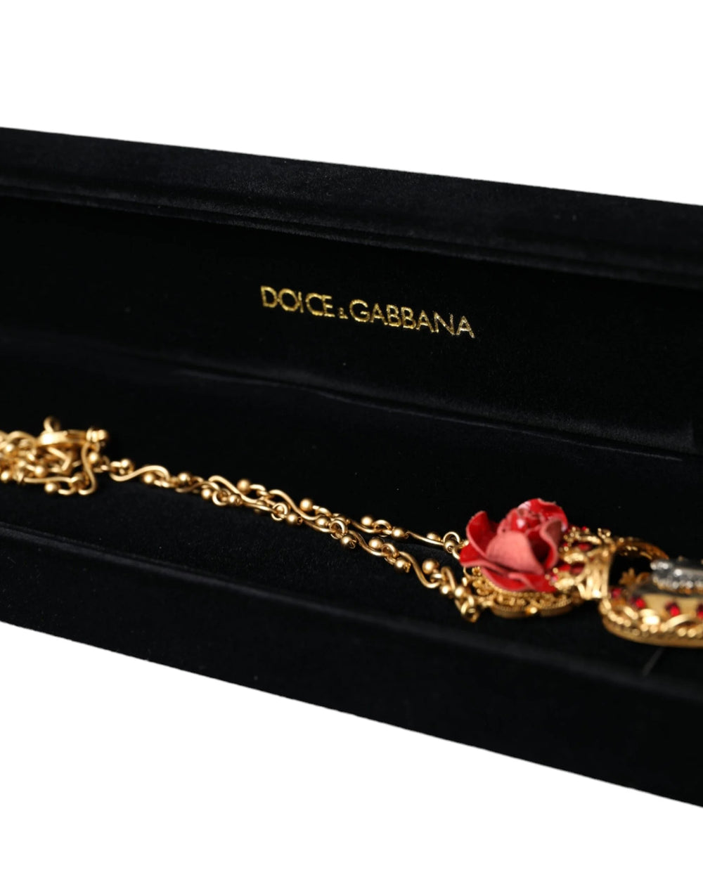Dolce & Gabbana Gold BrassChain Sacred Heart Rose Crystal Charm Necklace - Necklaces